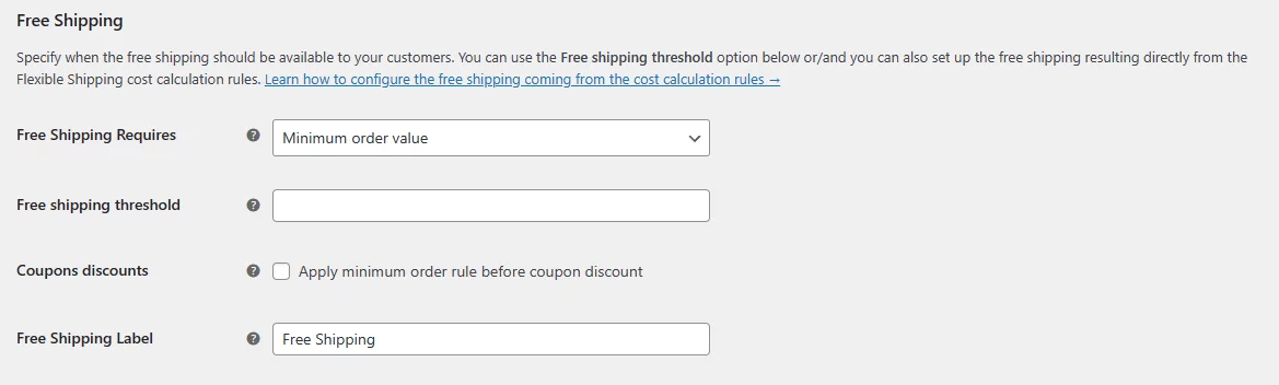 free shipping settings for WooCommerce shipping discount