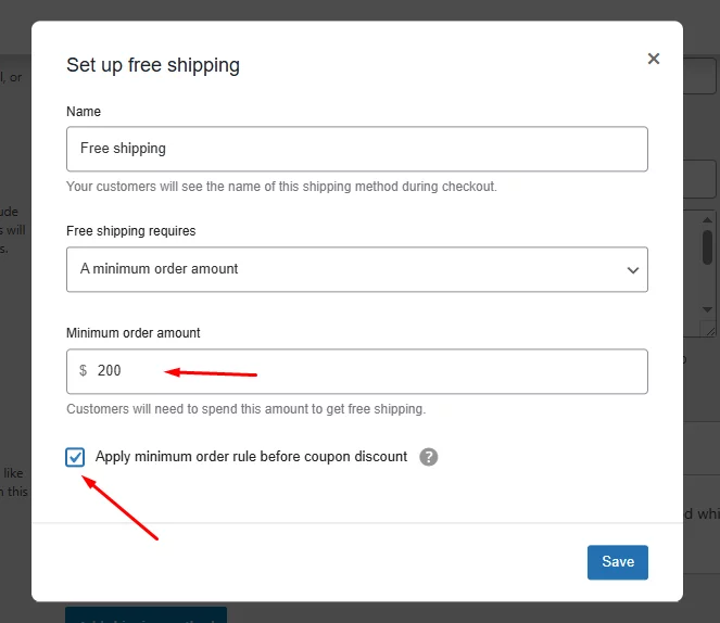 free shipping settings for WooCommerce shipping discount