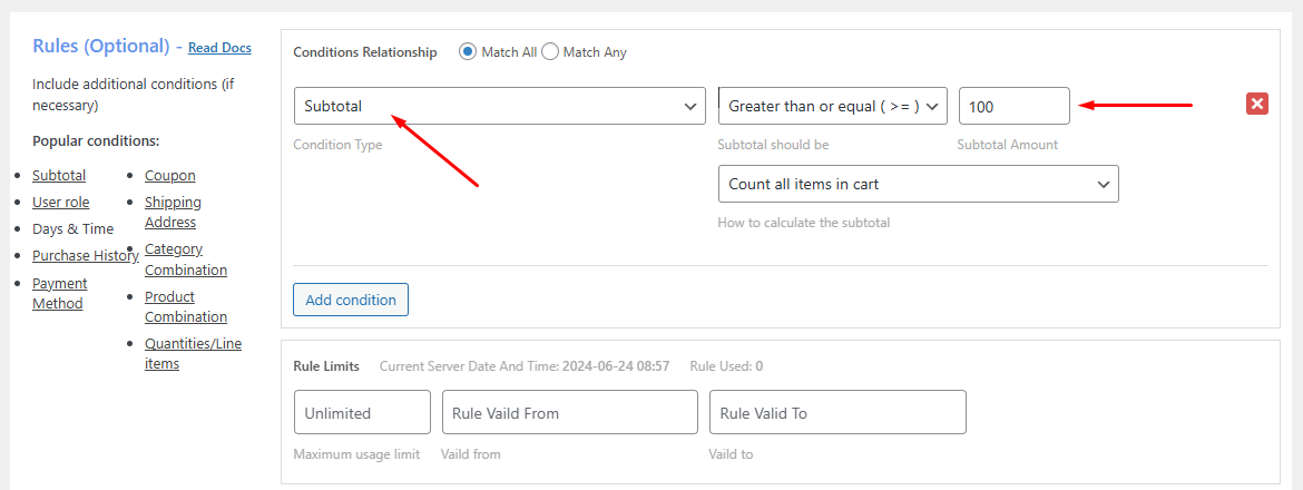 set subtotal rule