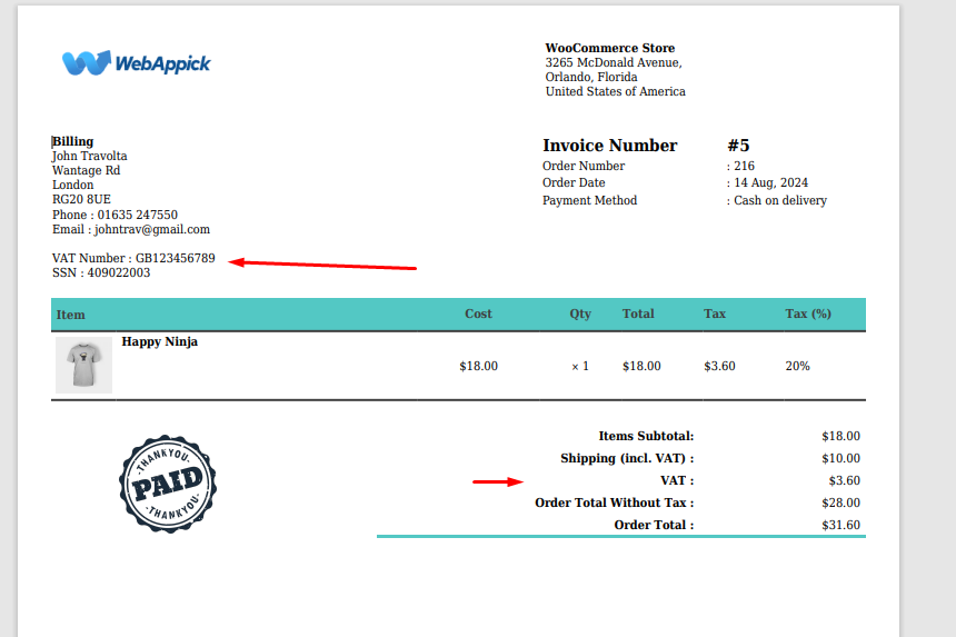 woocommerce add vat number to invoice