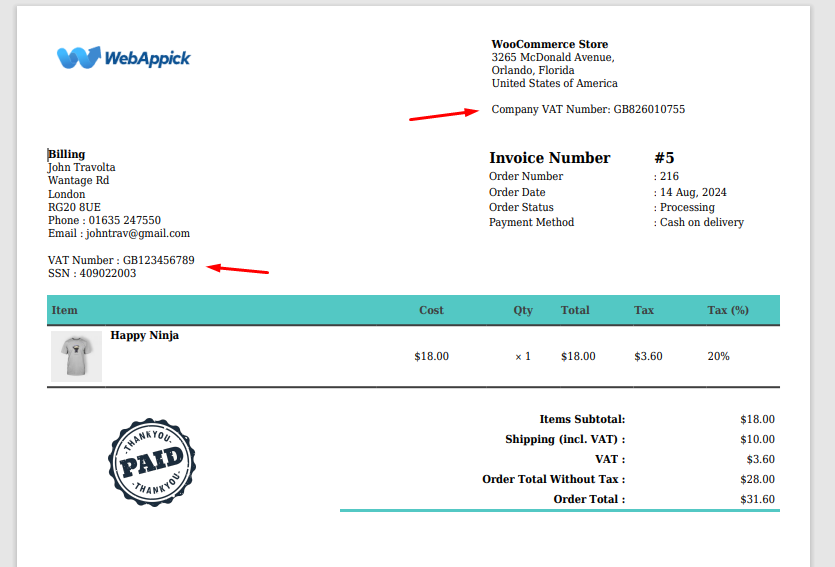 woocommerce add vat number to invoice