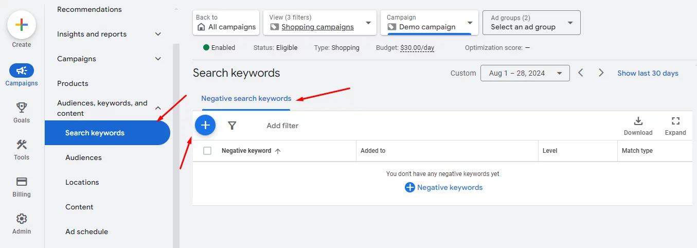 add negative keywords