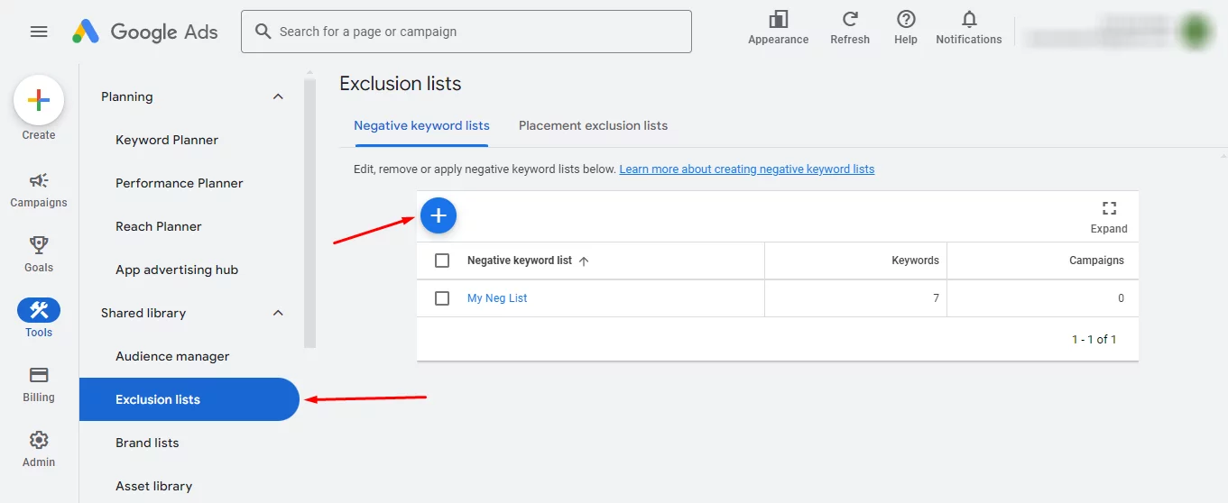 add negative keyword list