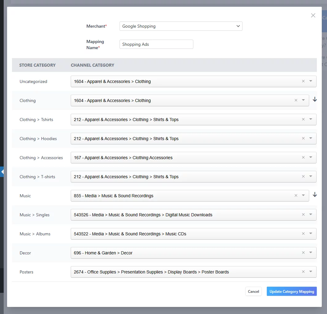 mapping category for Google Shopping ads targeting