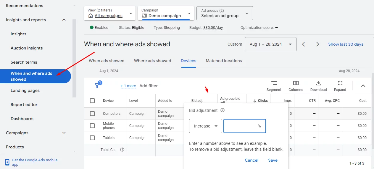 device Google Shopping ads targeting