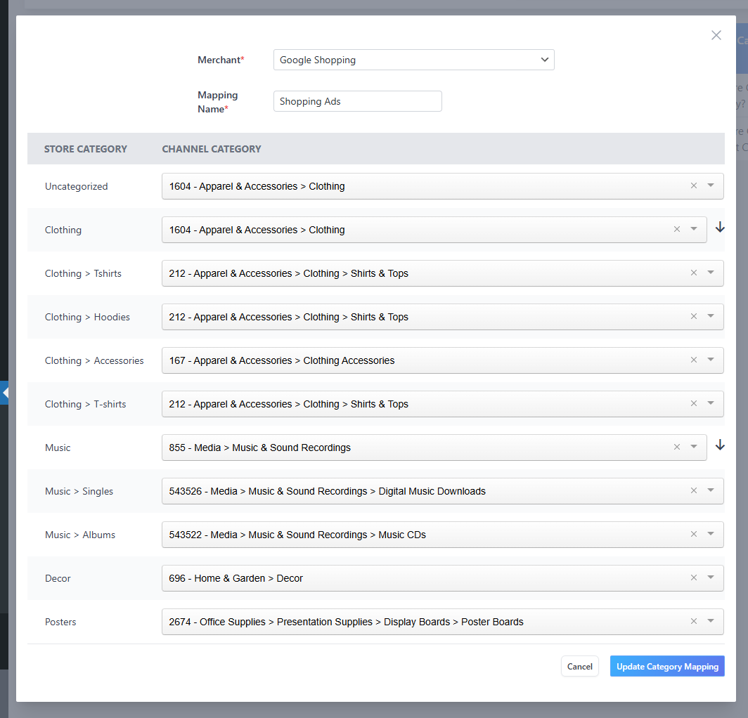 category mapping Google Shopping ads feed