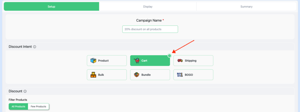 How to Set Up WooCommerce Fixed Cart Discount (Easy Setup) Select Cart as the Discount Intent