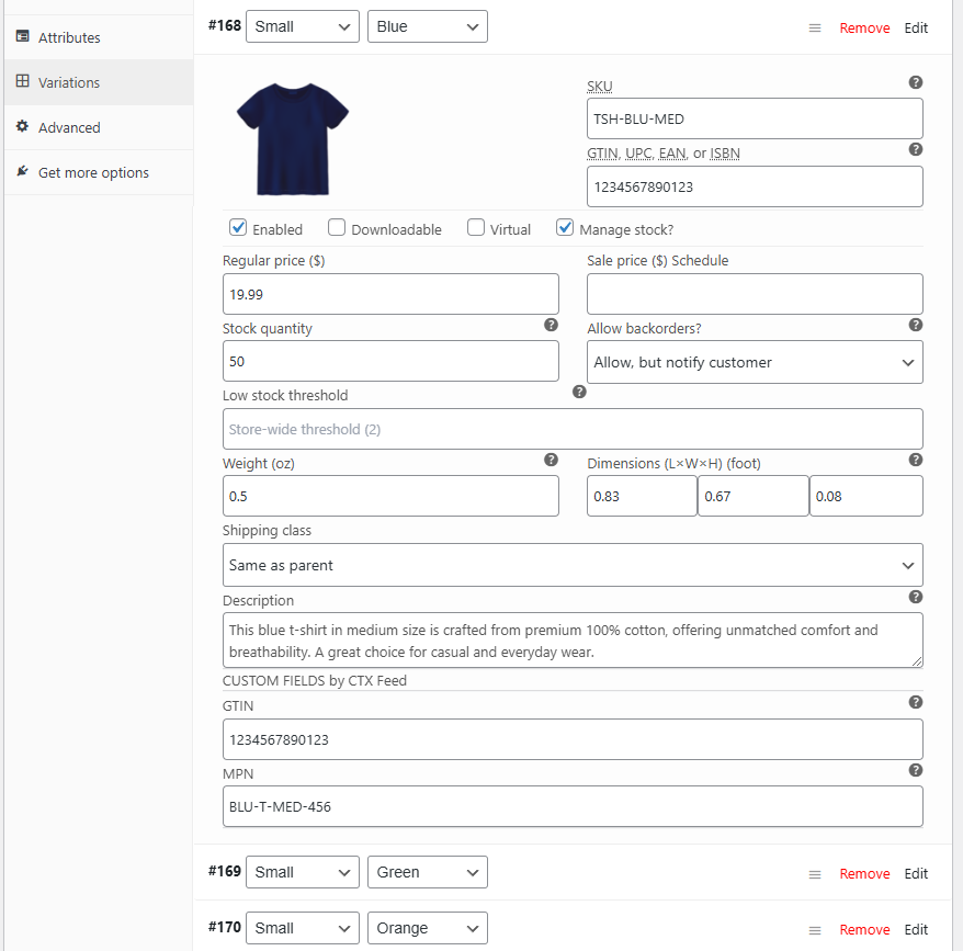 Price and inventory for variations