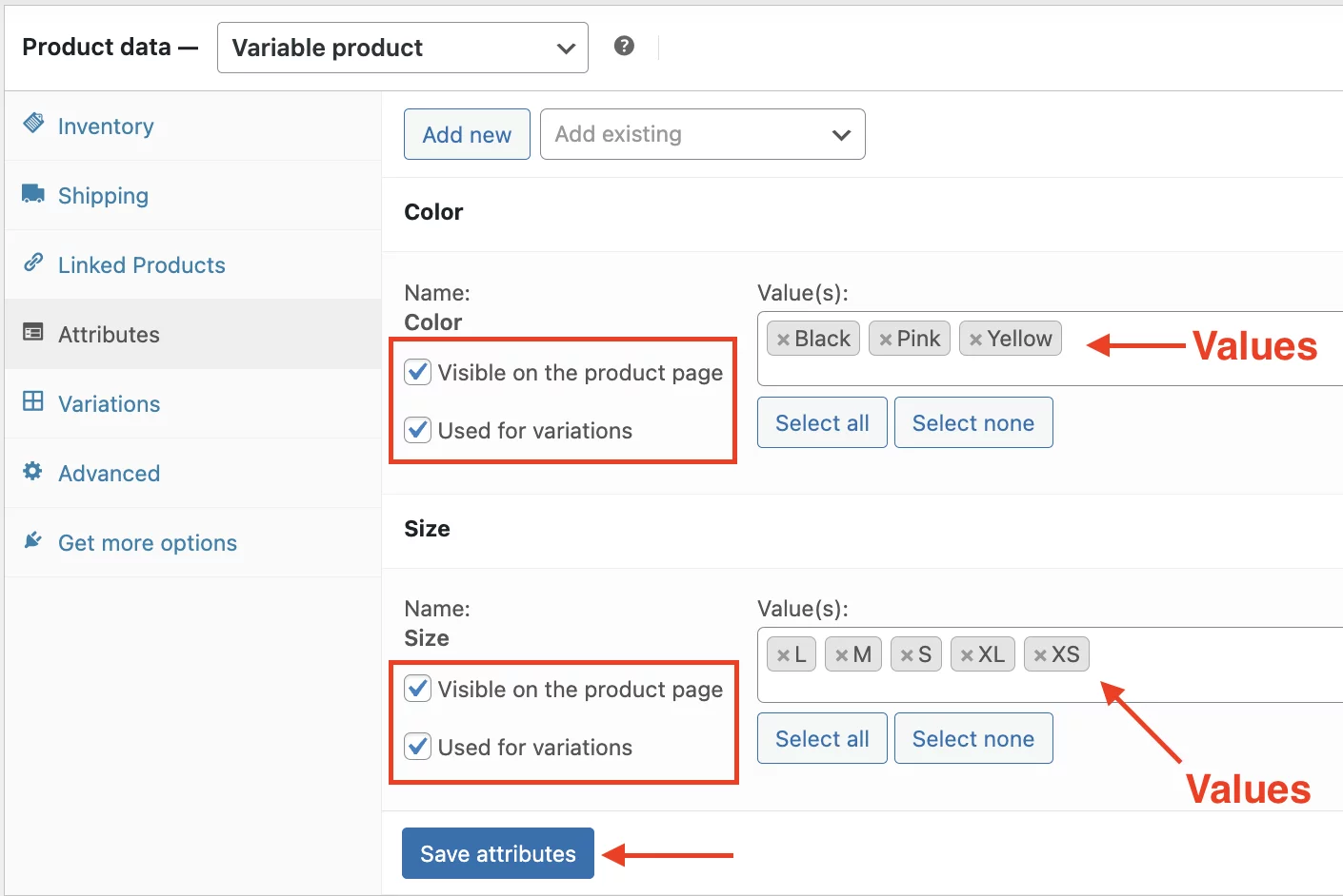 Adding attribute Values>>Save Attributes