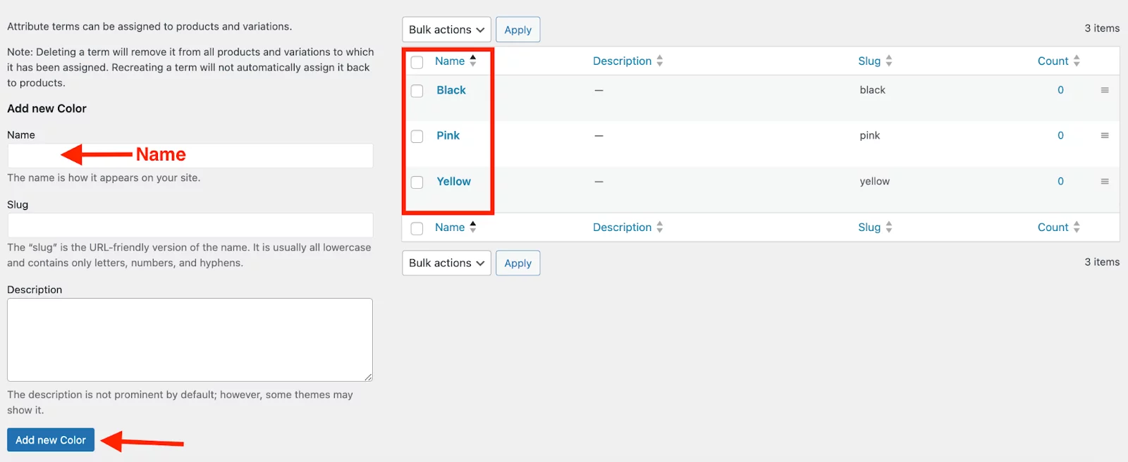 Adding terms and values to the attribute 