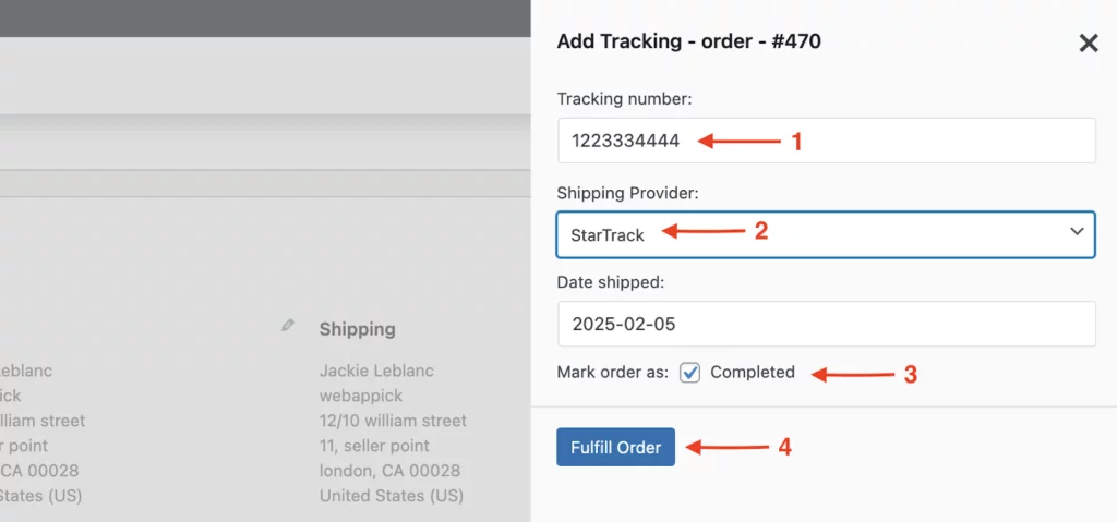 enter tracking numbers for Woocommerce orders