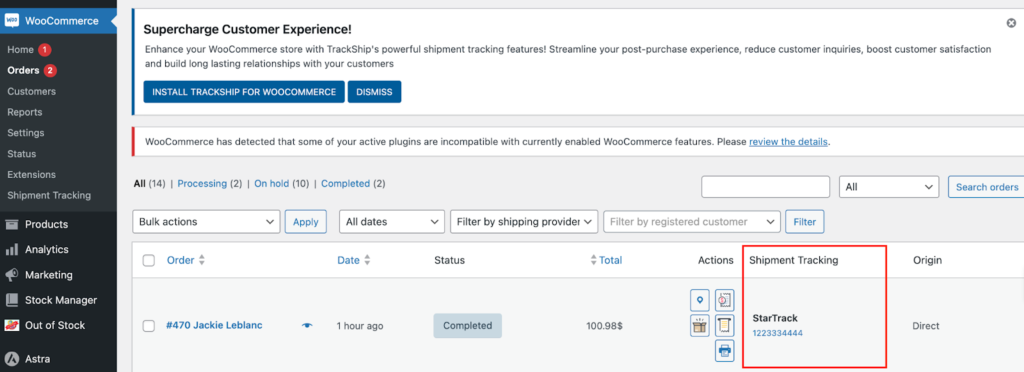 Display the Tracking Number On Woocommerce Order Page