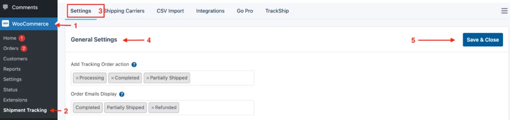 general settings for sending tracking numbers