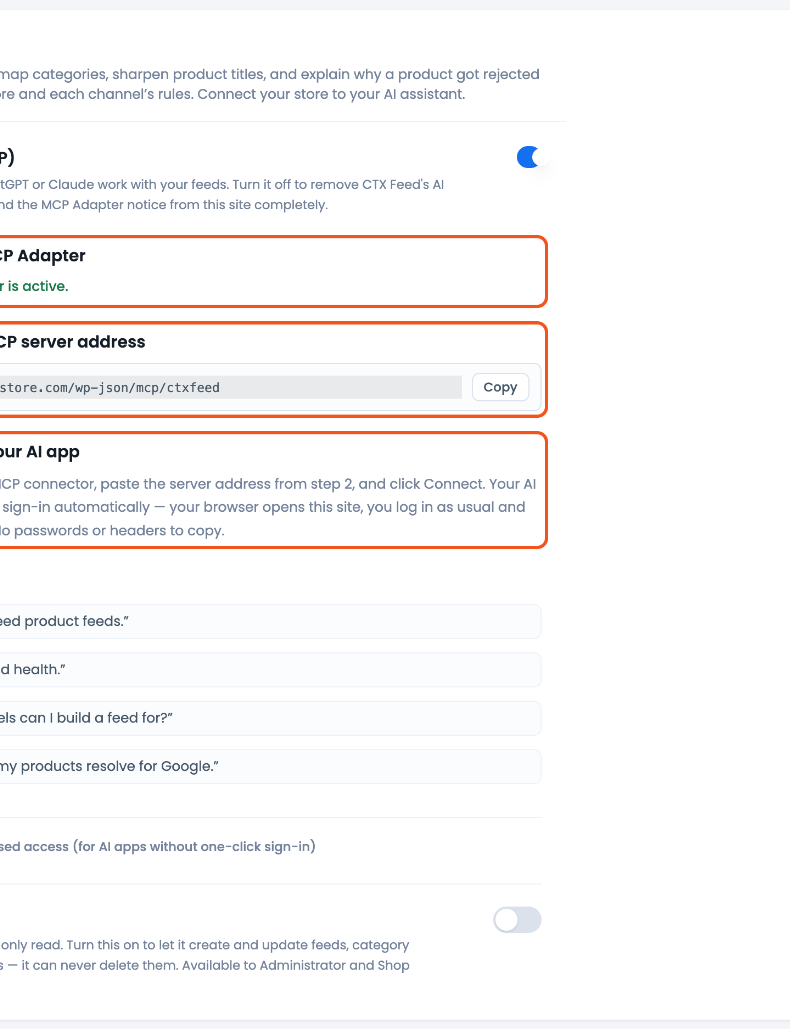 How to Connect CTX Feed to Your AI Assistant The CTX Feed AI assistant page with the AI connection switch on, the MCP Adapter active, the MCP server address with a Copy button, and the connect step, steps 1 to 3 outlined