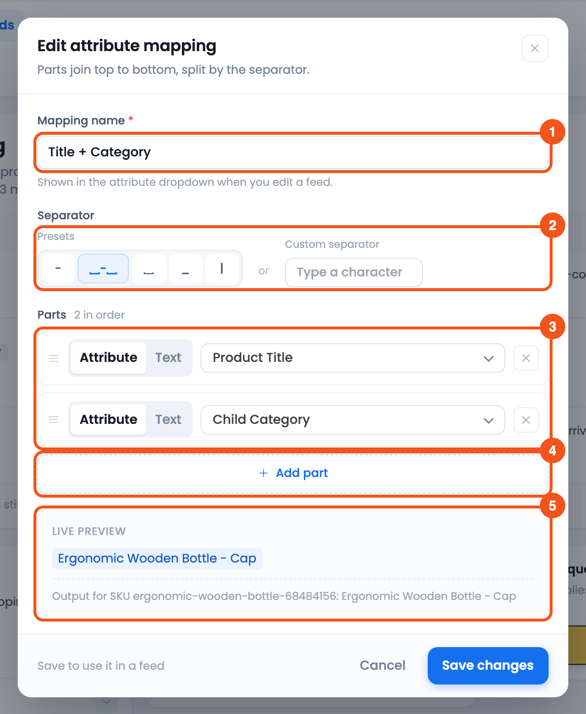Attribute Mapping: Combine Product Attributes into One Feed Value CTX Feed Edit attribute mapping window with the mapping name, separator presets, two parts, Add part and the live preview