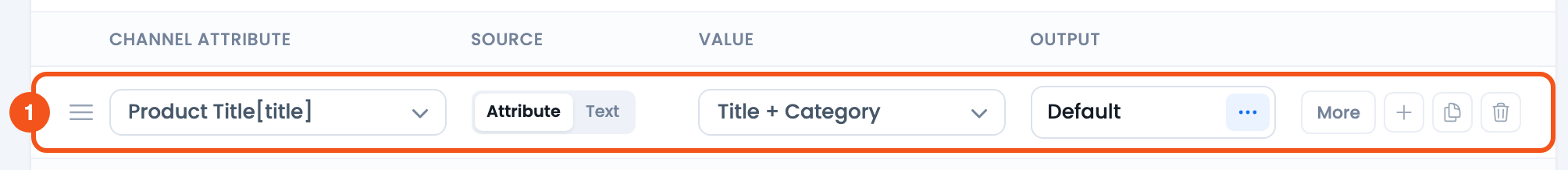 Attribute Mapping: Combine Product Attributes into One Feed Value CTX Feed Config tab row mapping the title channel attribute to the Title + Category attribute mapping