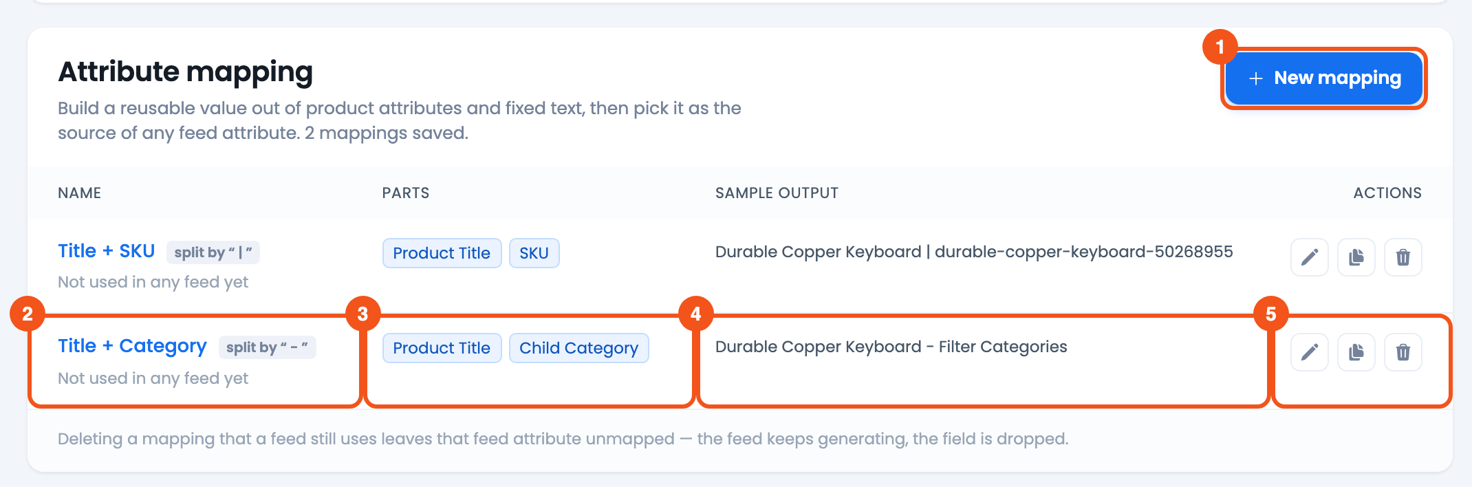Attribute Mapping: Combine Product Attributes into One Feed Value CTX Feed Attribute mapping list with the New mapping button and the Name, Parts, Sample Output and Actions columns