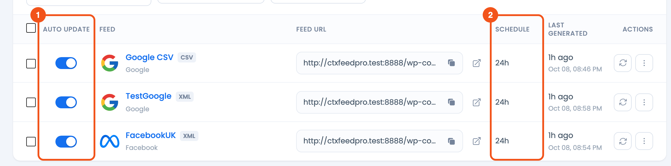 How To Setup Cron for Auto Feed update? The Manage Feeds list with the Auto Update toggle and the Schedule column marked