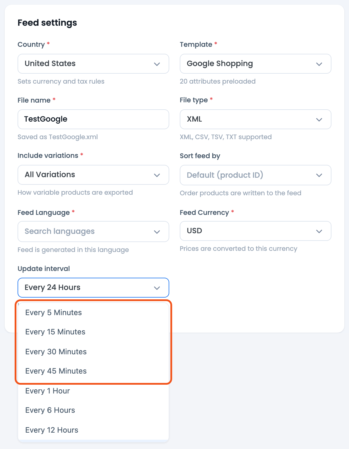 How To Setup Cron for Auto Feed update? The Update interval dropdown open on the Feed settings card, with the Pro-only minute intervals highlighted