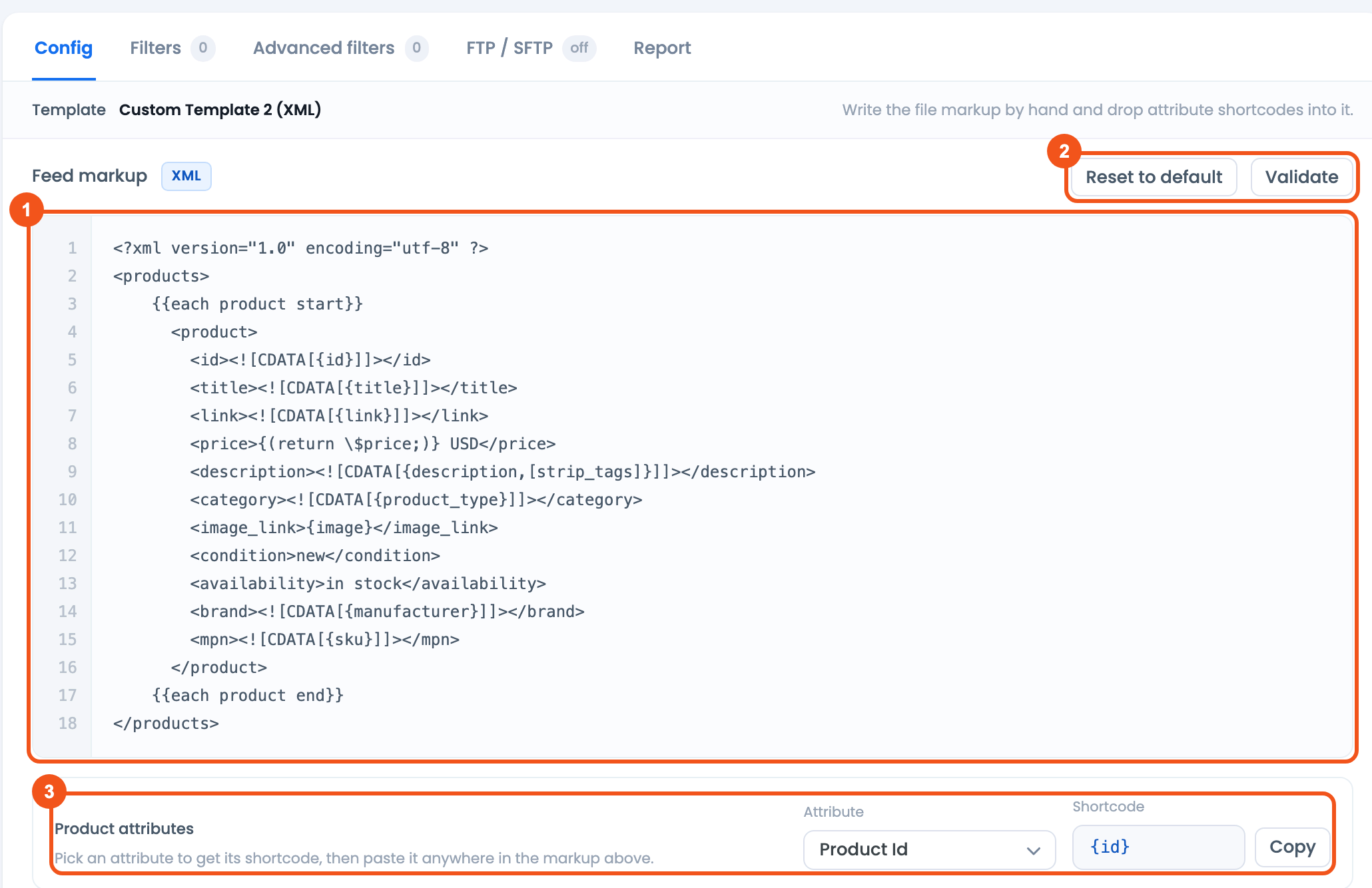 Custom Template 2 (XML) CTX Feed Custom Template 2 Config tab with the Feed markup editor, the Reset to default and Validate buttons, and the Product attributes shortcode helper