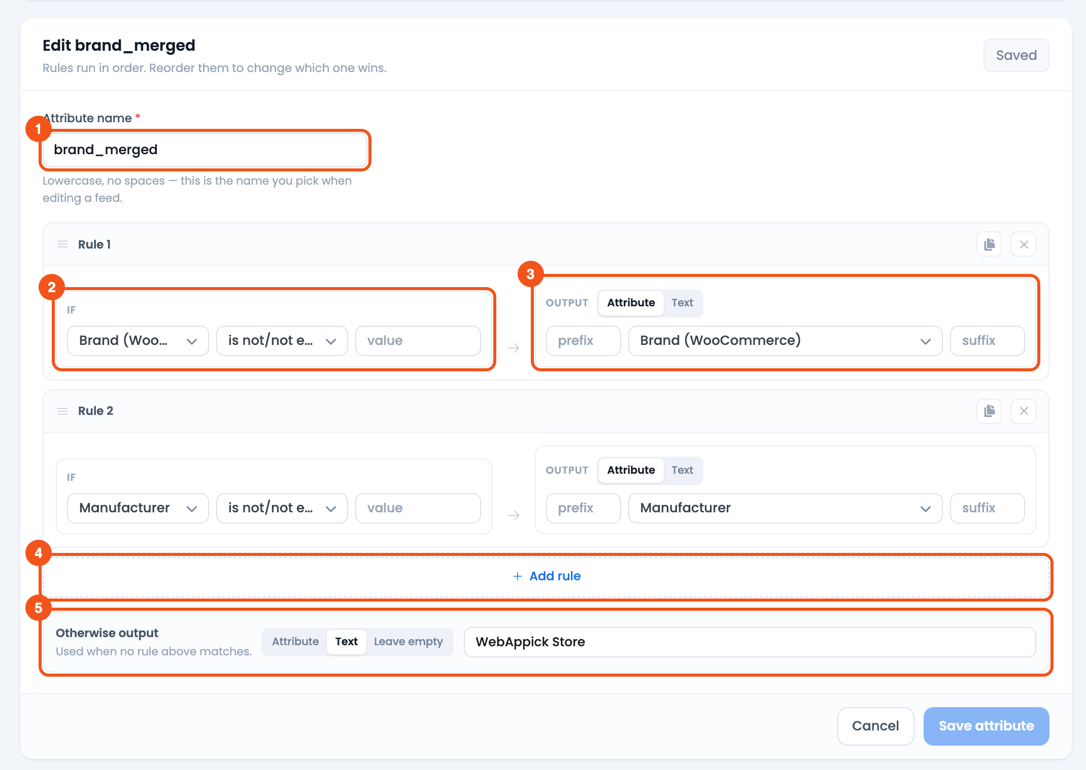 Conditionally Merge Multiple Attributes with CTX Feed CTX Feed Dynamic Attribute editor for brand_merged: Brand (WooCommerce) first, then Manufacturer, otherwise a fixed store brand