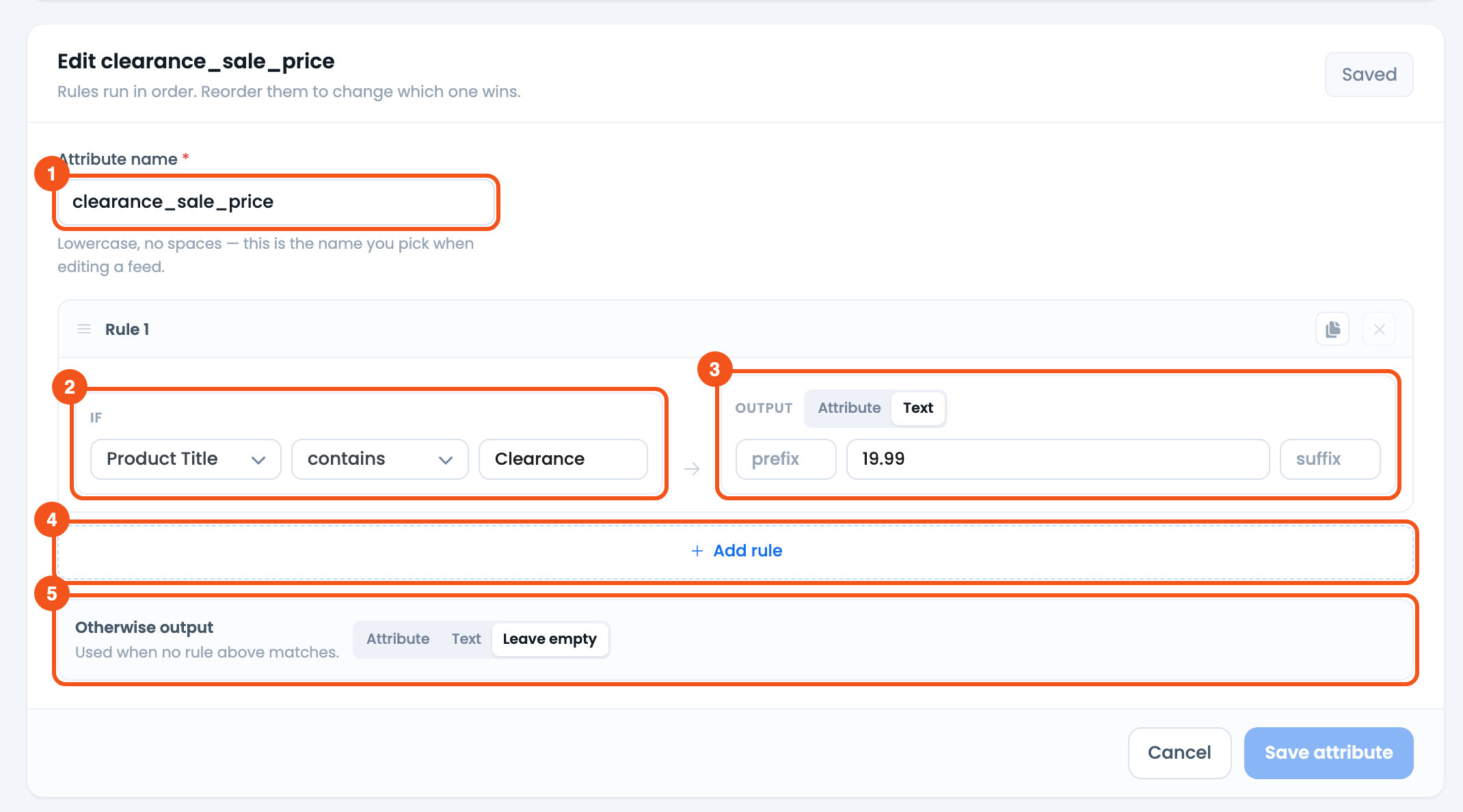 How to Set Discount Prices In Feed Based on Product Title? CTX Feed Dynamic Attribute editor for clearance_sale_price: Product Title contains Clearance outputs 19.99, otherwise Leave empty