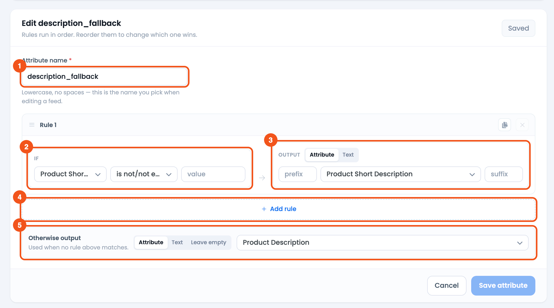 How to Create a “If Field A is Empty Then Get B” Rule? CTX Feed Dynamic Attribute editor for description_fallback: Product Short Description is not empty outputs the short description, otherwise Product Description