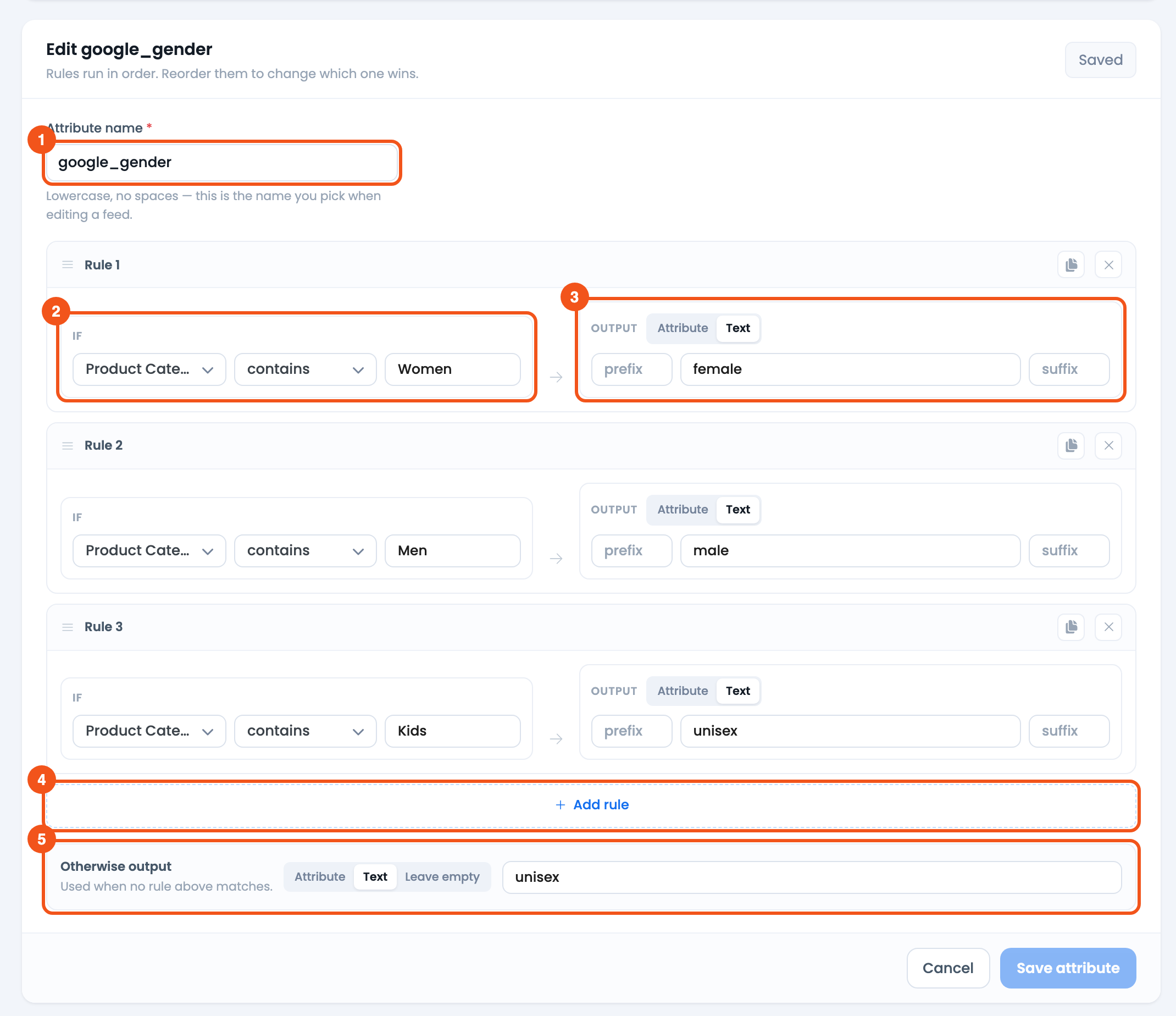 Dynamically Add Gender to Google Product Feed CTX Feed Dynamic Attribute editor for google_gender: category contains Women outputs female, Men outputs male, Kids outputs unisex, otherwise unisex