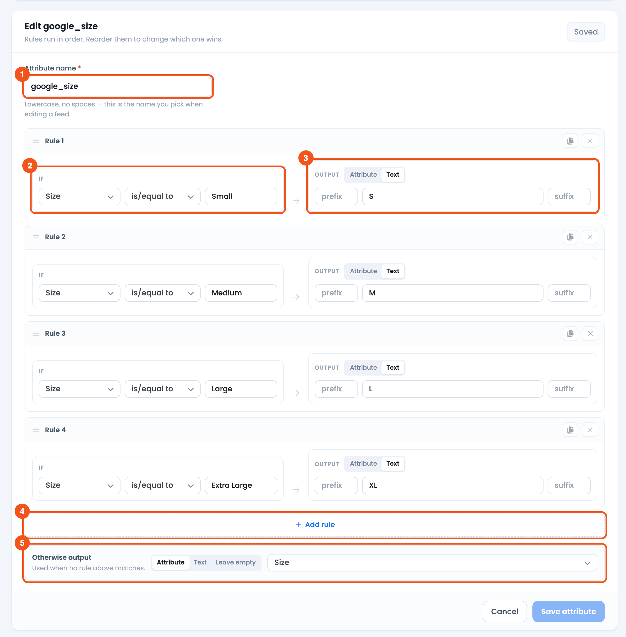 How to Configure the Dynamic Attribute? CTX Feed Dynamic Attribute editor for google_size with four rules mapping Small, Medium, Large and Extra Large to S, M, L and XL
