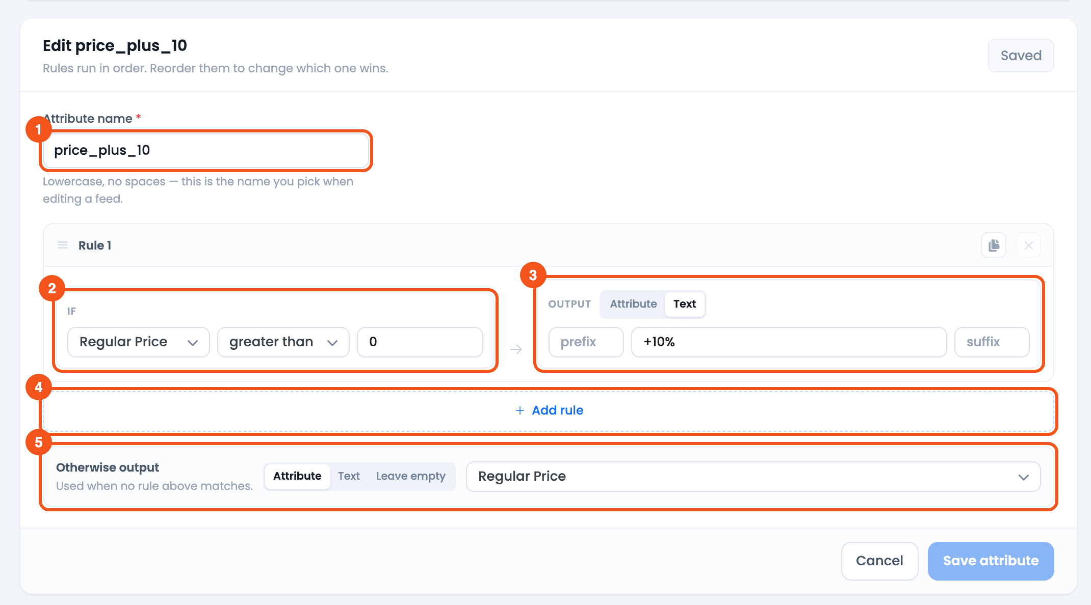 Dynamically Change Product Price in Feed CTX Feed Dynamic Attribute editor for price_plus_10: Regular Price greater than 0 outputs the Text +10%, otherwise the Regular Price