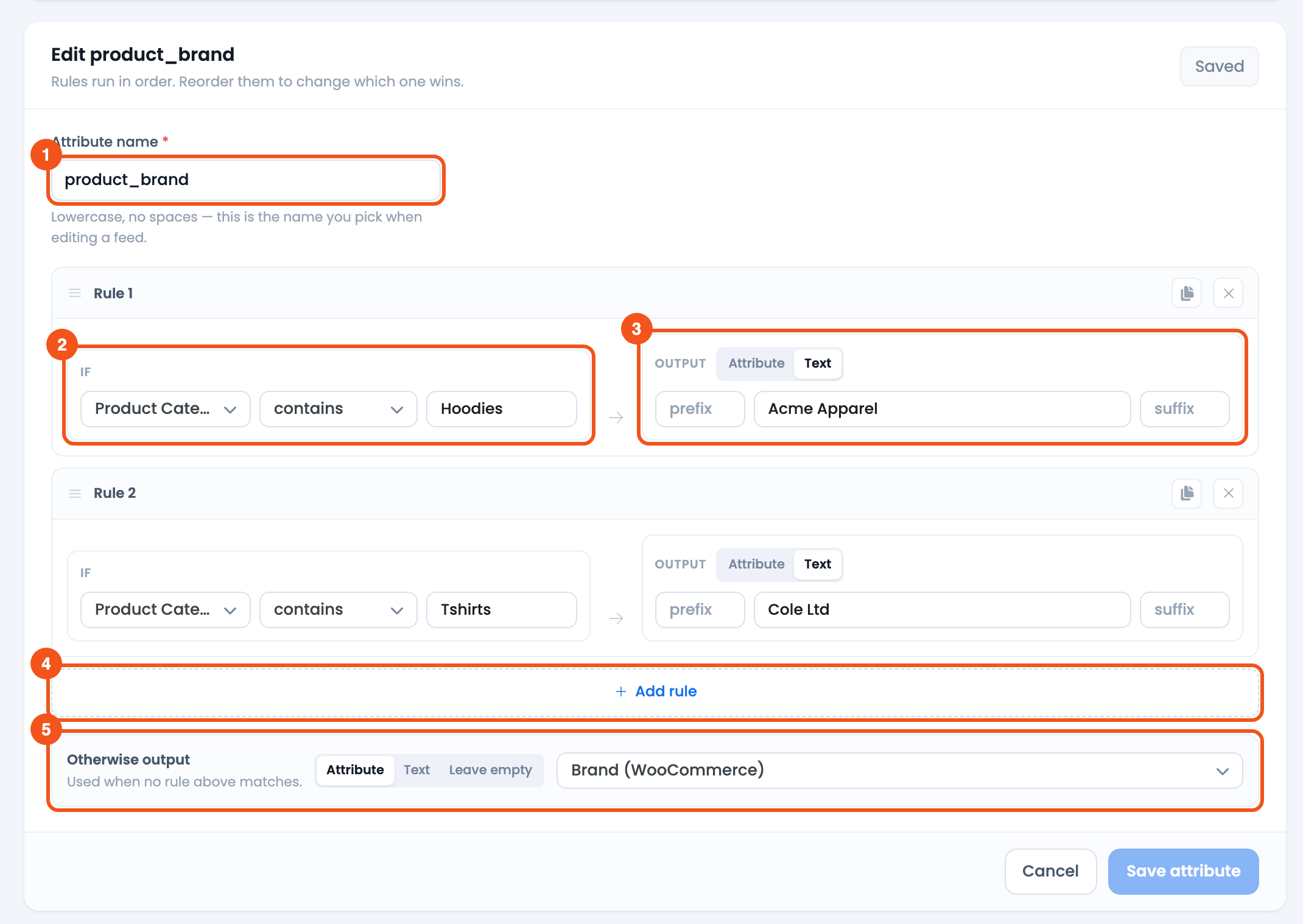 Dynamically Set the Product Brand in Feed CTX Feed Dynamic Attribute editor for product_brand: category contains Hoodies outputs Acme Apparel, Tshirts outputs Cole Ltd, otherwise Brand (WooCommerce)