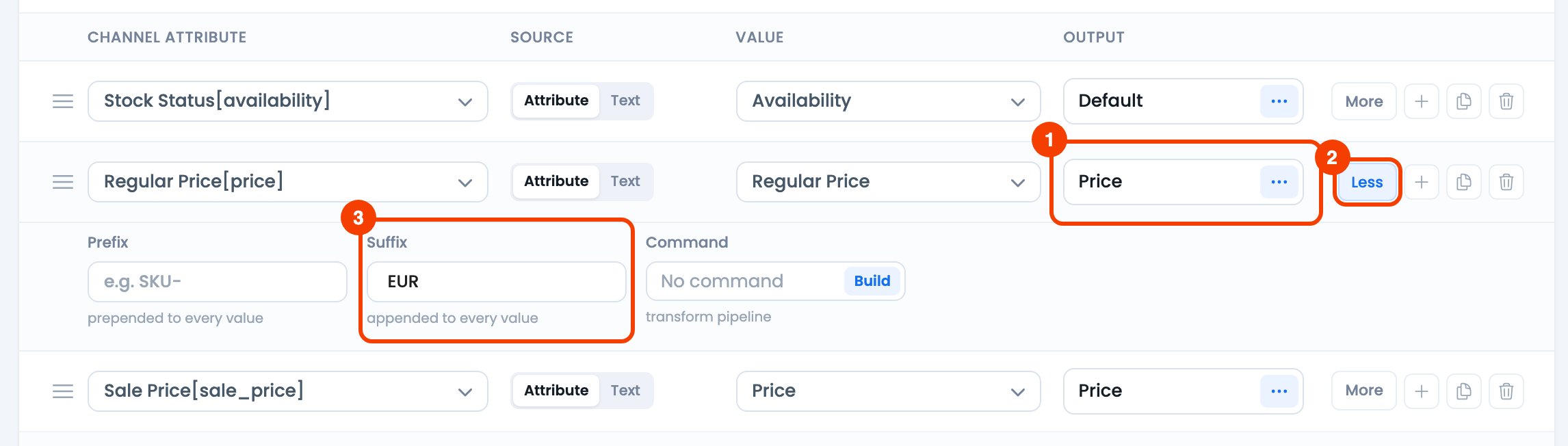 Add currency code or symbol to price into feed CTX Feed Config tab with the price row expanded under More, showing Output Price and the currency code in the Suffix field