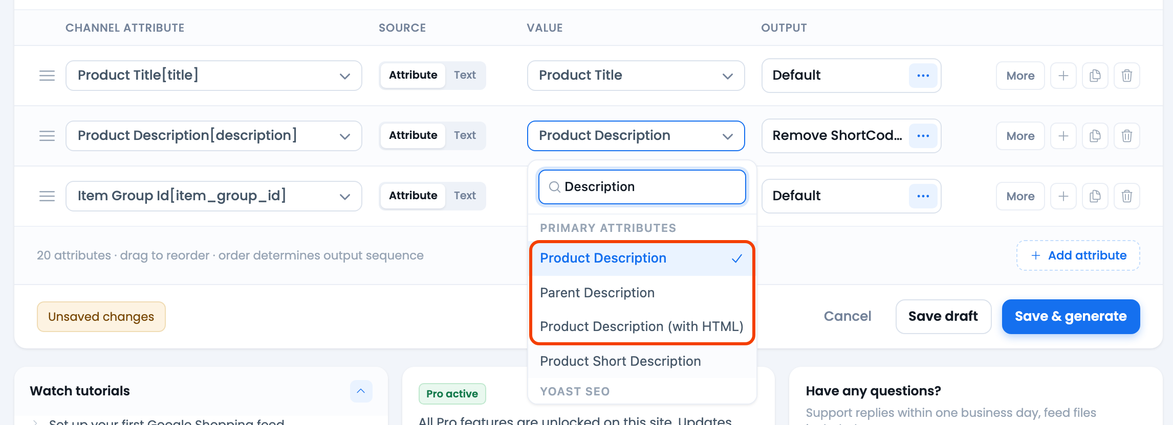 How to Configure Product Description With or Without HTML? CTX Feed Make Feed Config tab where the description row's Value chooses plain or HTML description