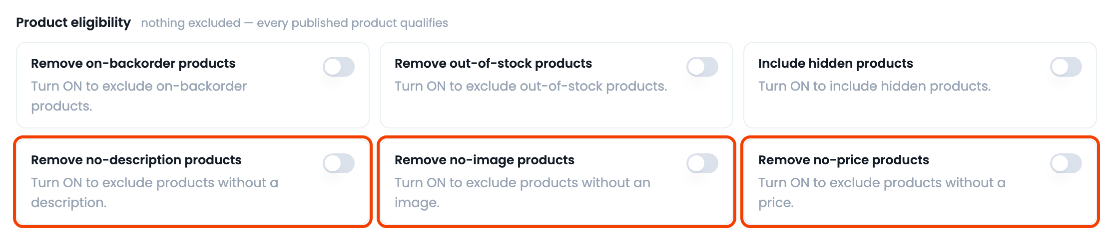 How to remove a product if the description, price, or image is empty? CTX Feed Make Feed Filters tab with the Product eligibility removal toggles