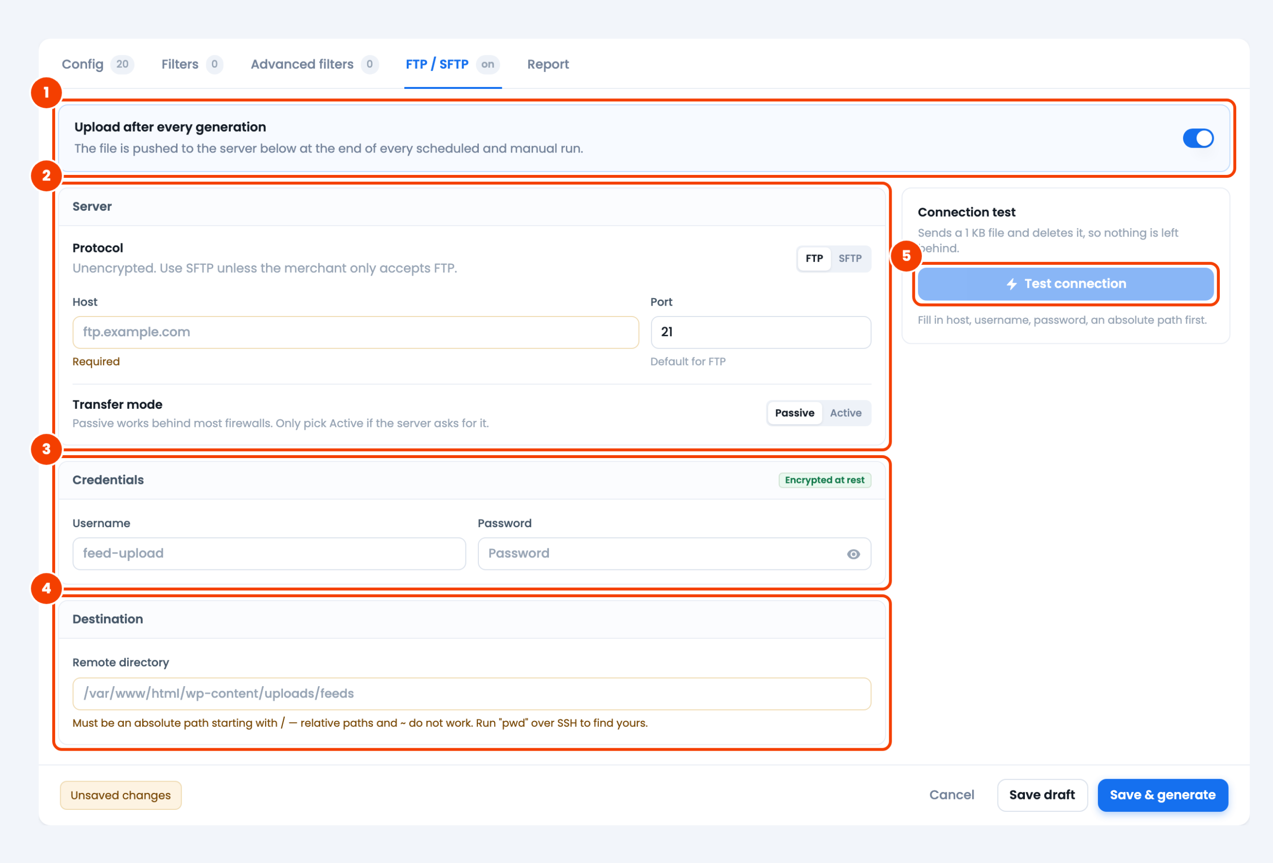 How to Configure FTP/SFTP for Feed Upload? CTX Feed Make Feed FTP / SFTP tab with Upload after every generation switched on and the Server, Credentials, Destination cards and the Test connection button numbered