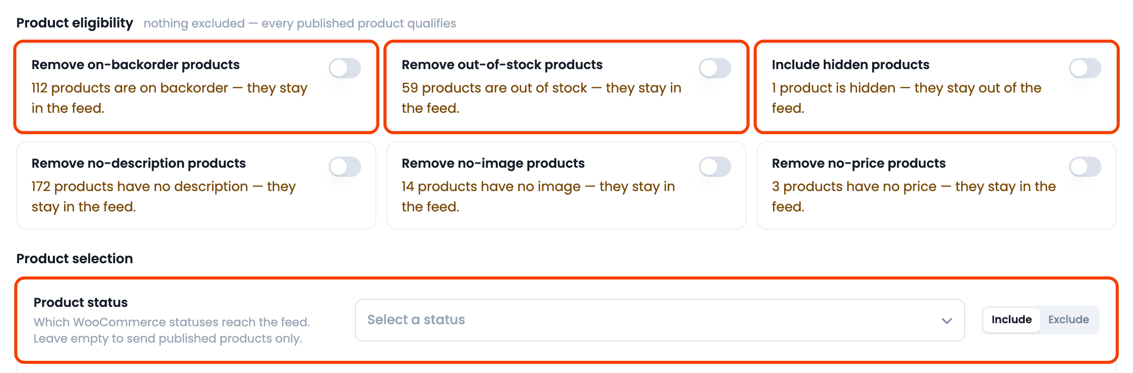 Products Missing from Your Feed? CTX Feed Make Feed Filters tab showing the Product eligibility toggles and the Product status field