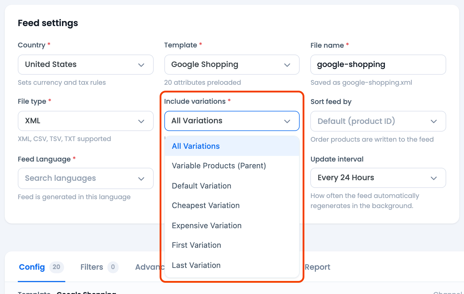 Products Missing from Your Feed? CTX Feed Feed settings card with the Include variations dropdown open, listing its eight options
