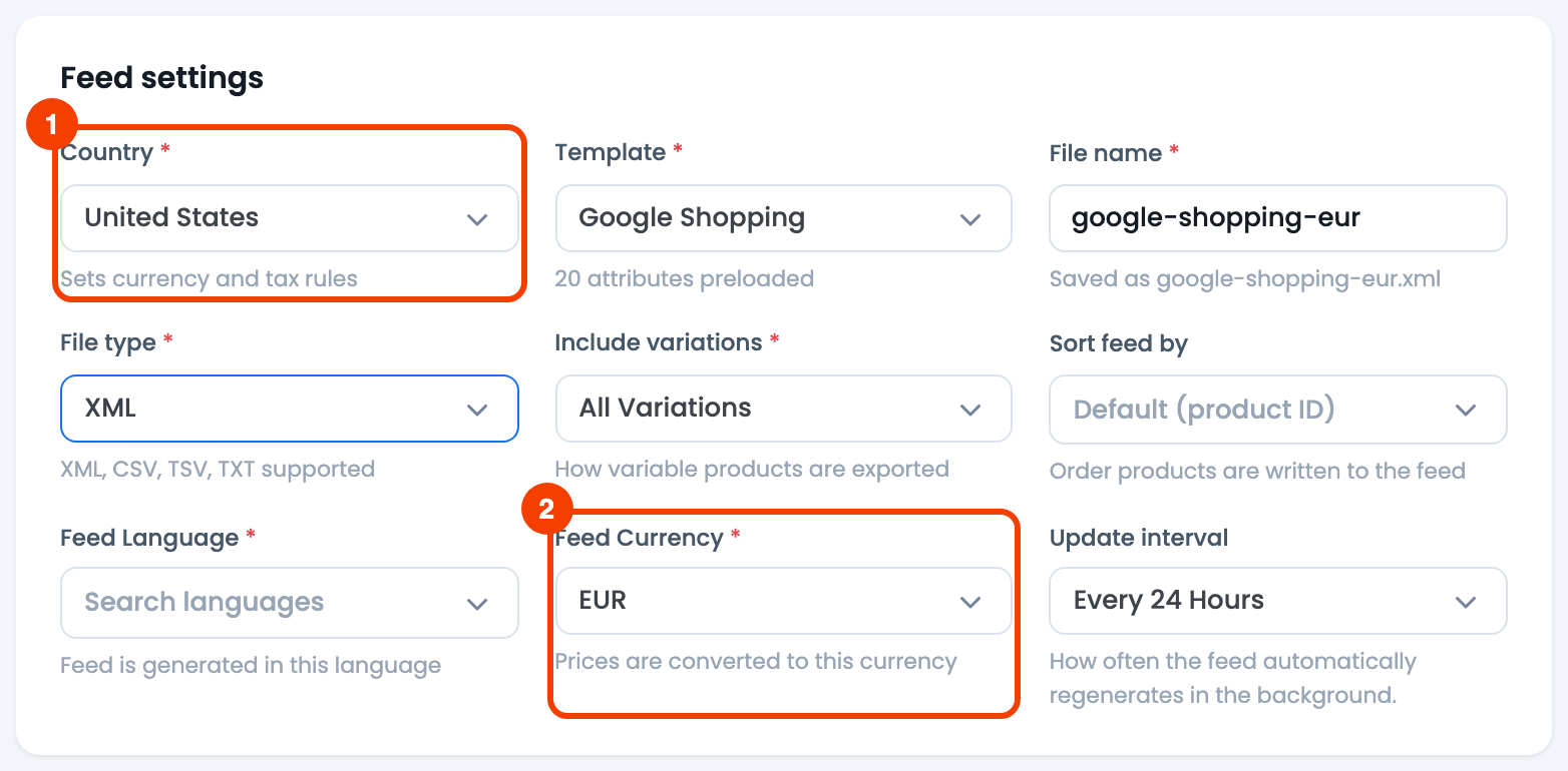 How to make multi-currency product feed? CTX Feed Feed settings card with the Country and Feed Currency fields highlighted