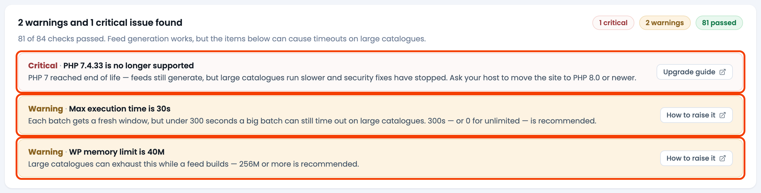 How to Increase Your PHP Memory Limit and Execution Time CTX Feed System status summary card flagging the PHP version as critical and the max execution time and WP memory limit as warnings, each with a link to the fix