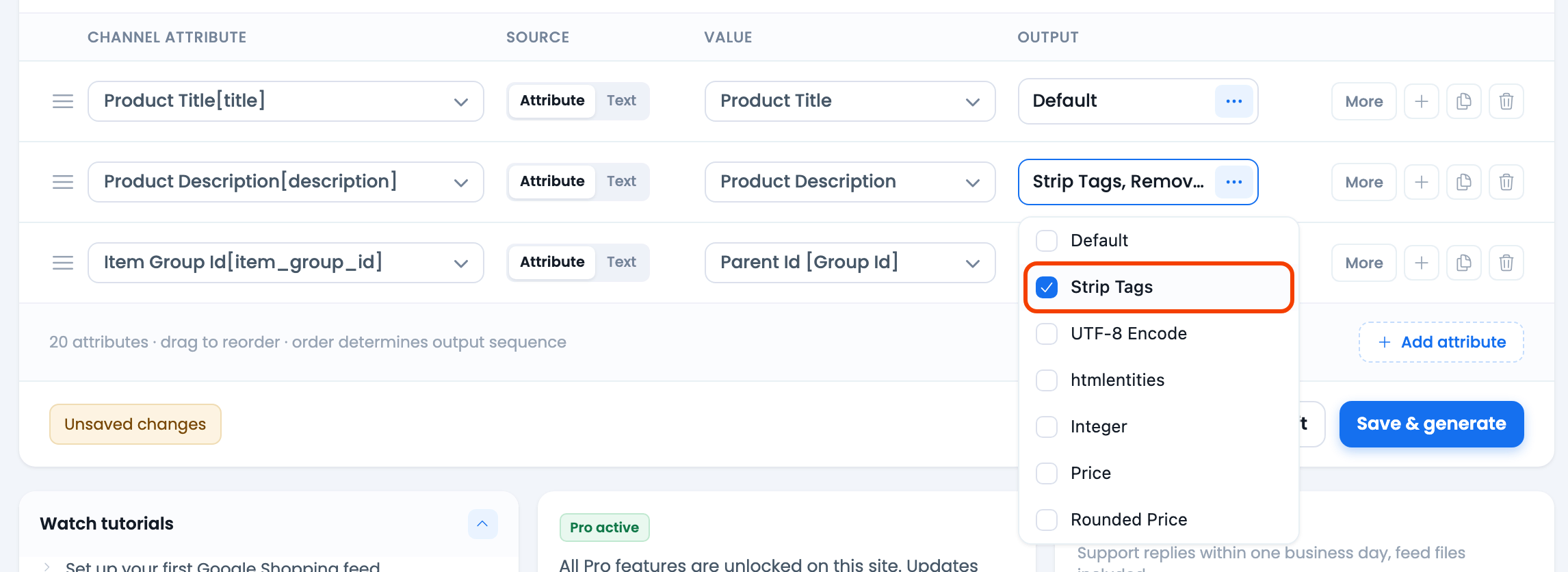 How to Remove ShortCodes from Product Description? CTX Feed Config tab with the description row's Output dropdown open and Strip Tags and Remove ShortCodes ticked