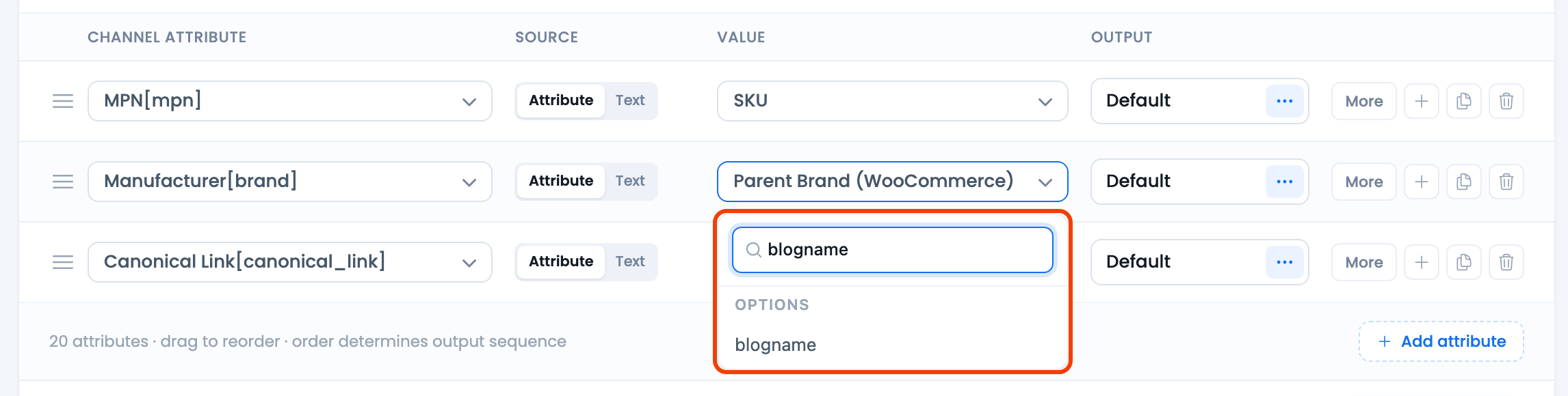 How to Use WordPress Options into Feed? CTX Feed Config tab with a row's Value dropdown open on the Options group