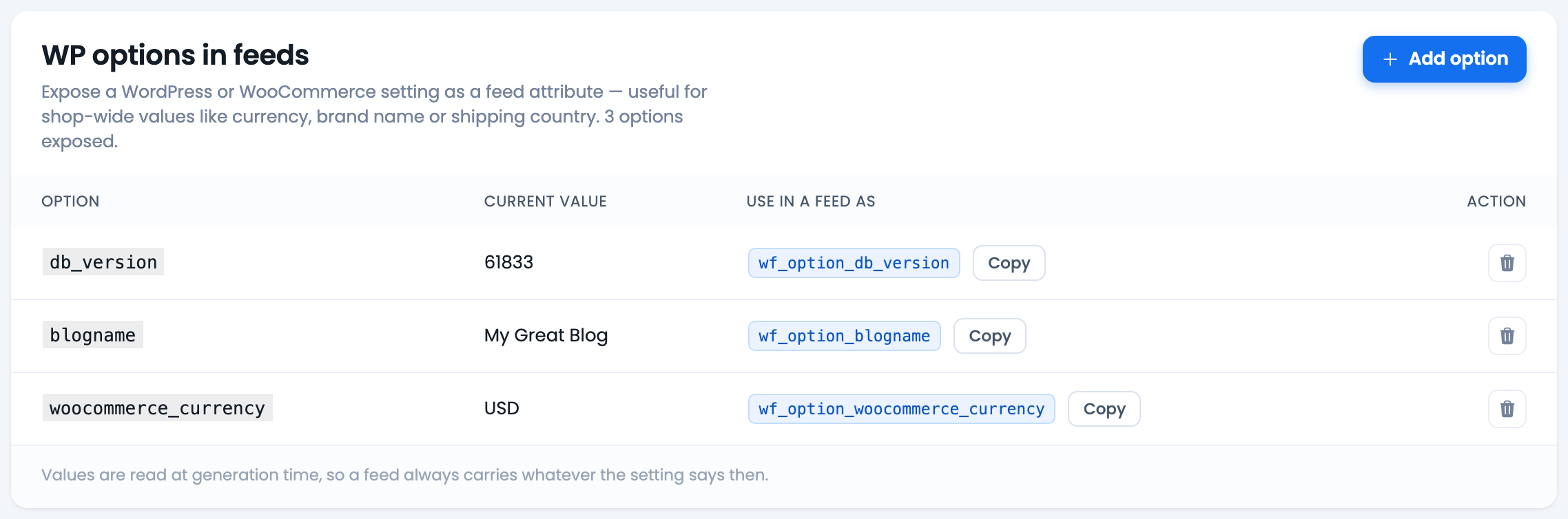 How to Use WordPress Options into Feed? CTX Feed WP Options screen listing exposed WordPress option values for feeds