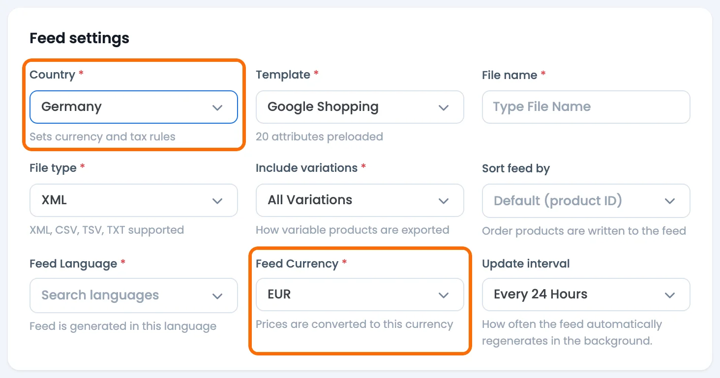 Why Is Google Shopping Showing the Wrong Currency? Causes, Diagnostics & Fixes CTX Feed Make Feed screen, Feed settings with Country set to Germany and Feed Currency set to EUR