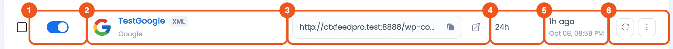 How to Export WooCommerce Products (All, Selected or One, with Images) CTX Feed Manage Feeds row with the Auto Update toggle and the feed URL to give a channel