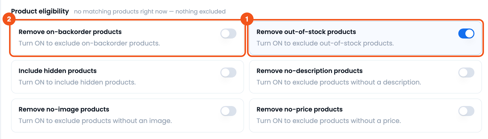 How to remove out of stock products from feed? CTX Feed Filters tab Product eligibility section with Remove out-of-stock products turned on
