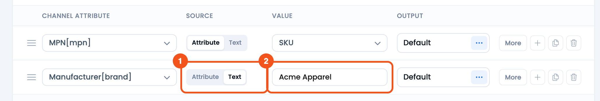 How to add Brand plugin data into feed? CTX Feed Config tab with the Manufacturer row's Source switched to Text and a fixed brand name typed in