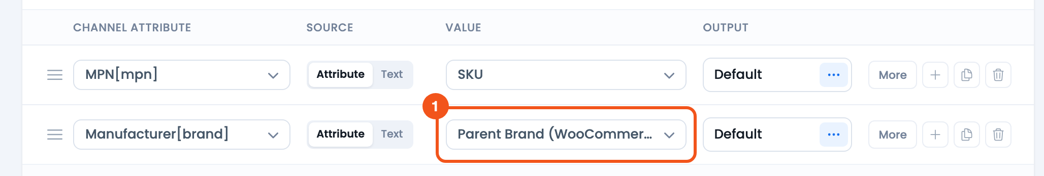 How to add Brand plugin data into feed? CTX Feed Config tab with the Manufacturer row set to Parent Brand (WooCommerce)