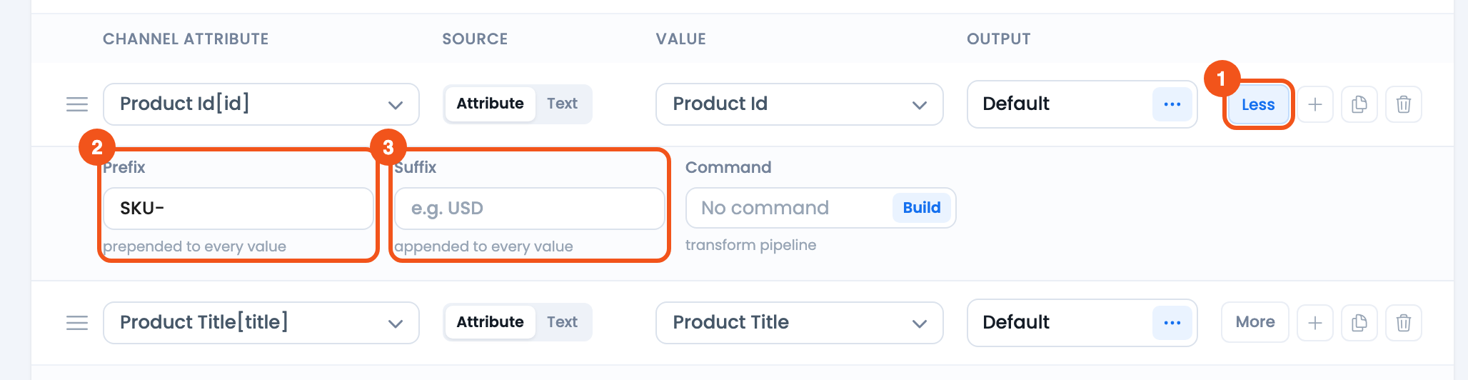 How to add custom value to an Attribute using a pattern? CTX Feed Config tab with an expanded id row showing the Prefix, Suffix and Command fields