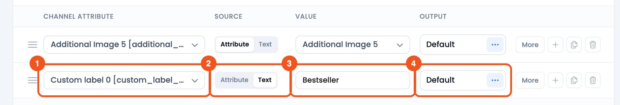 How to add custom value to an Attribute using a pattern? CTX Feed Config tab with a custom_label_0 row whose Source is Text and value is Bestseller