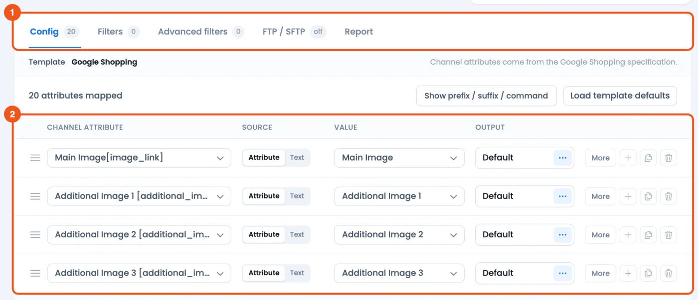 Google Shopping Image Requirements: Sizes, Formats, Rules and the 500 x 500 Minimum (2026) CTX Feed Config tab for a Google Shopping feed with image_link mapped to Main Image and the Additional Image rows mapped to additional_image_link